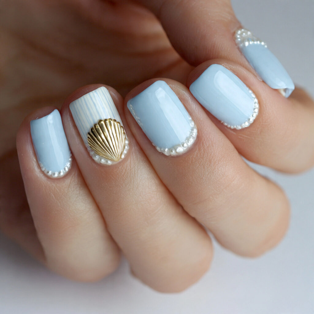 25 Beach Nail Designs for a Cute, Fun, and Breezy Look 4 seashell accent nails bring a fun coastal