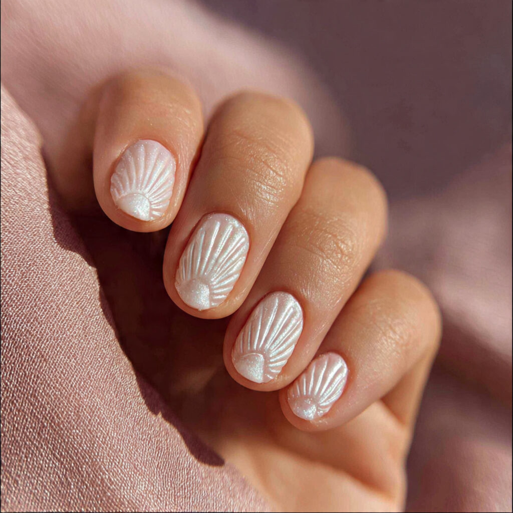 seashell nails use pearly tones and soft