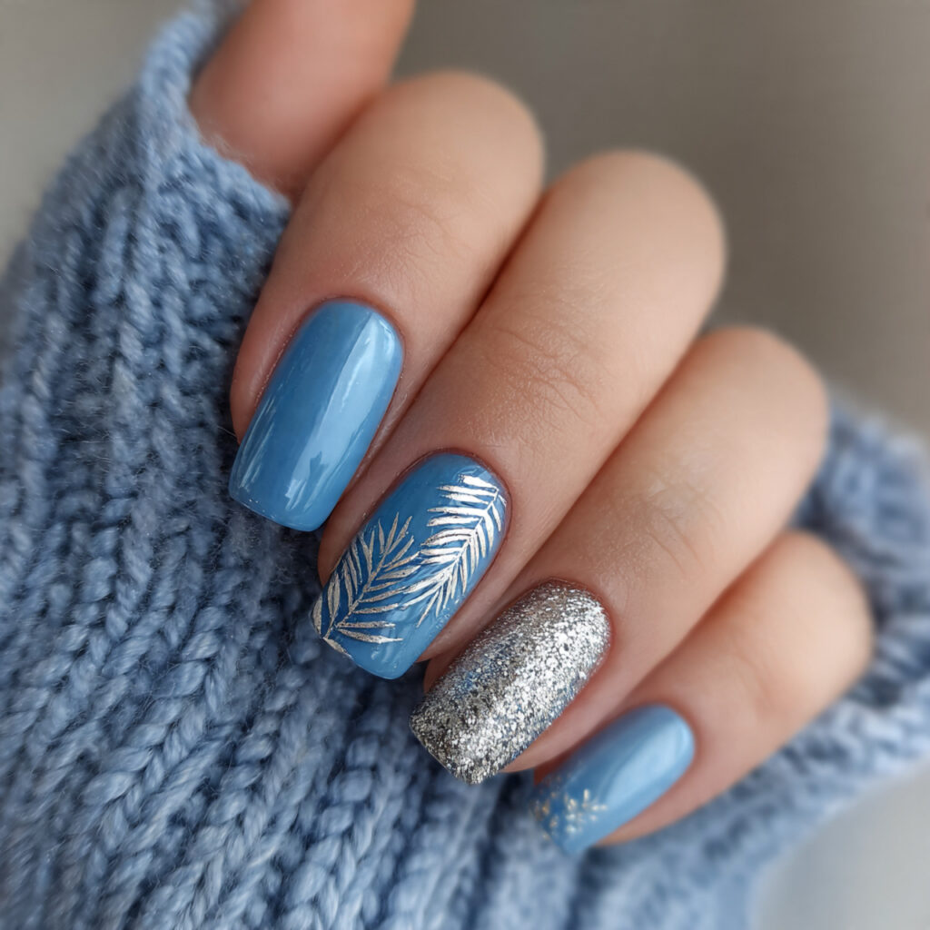 short blue winter nails with accents and