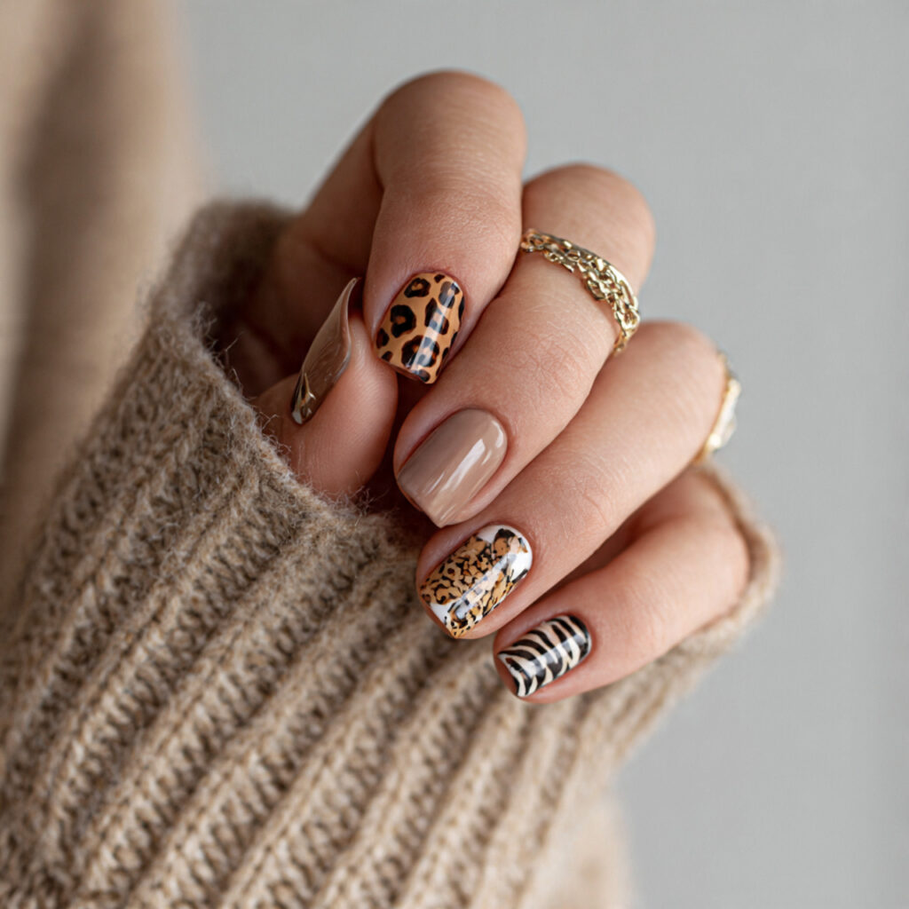 short nails with animal print accents neutral