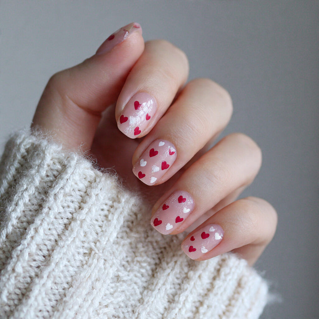 short nails with mini heart designs pin