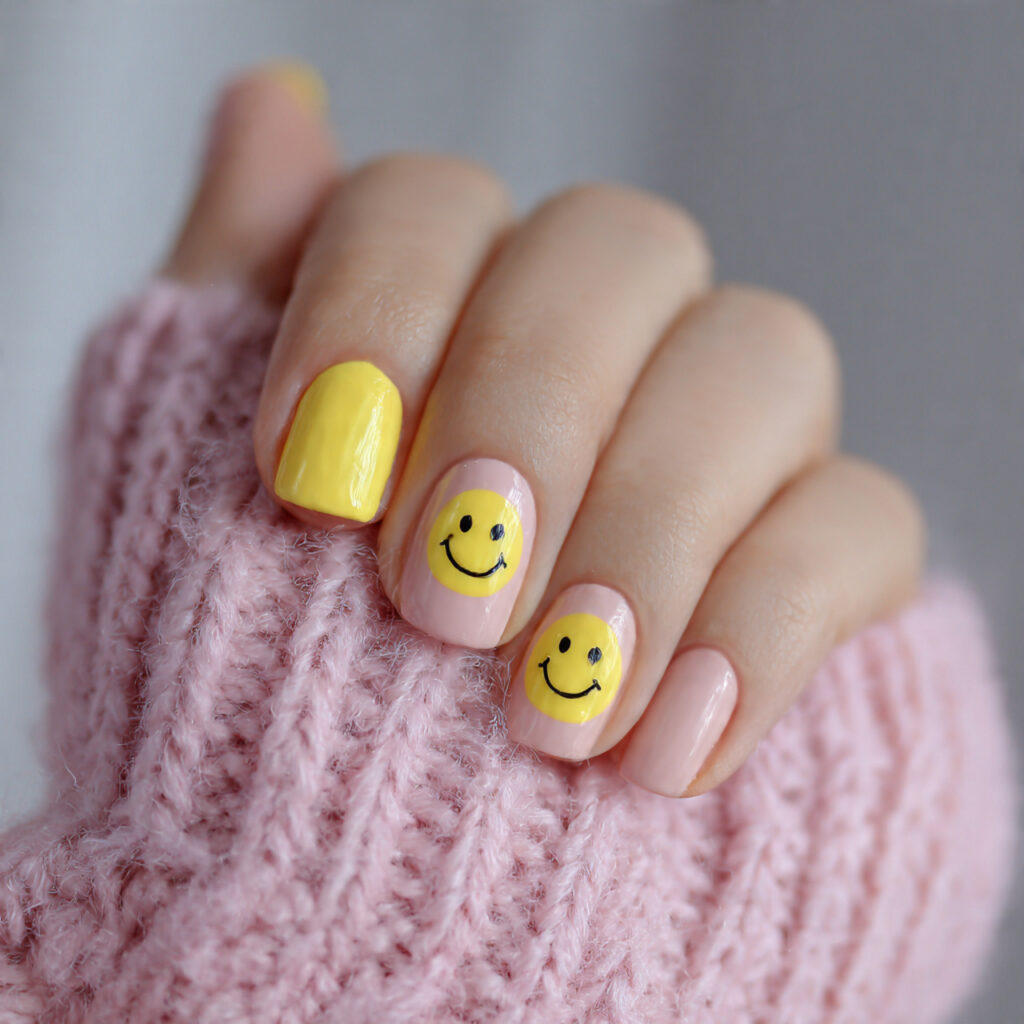 short nails with smiley face accents in