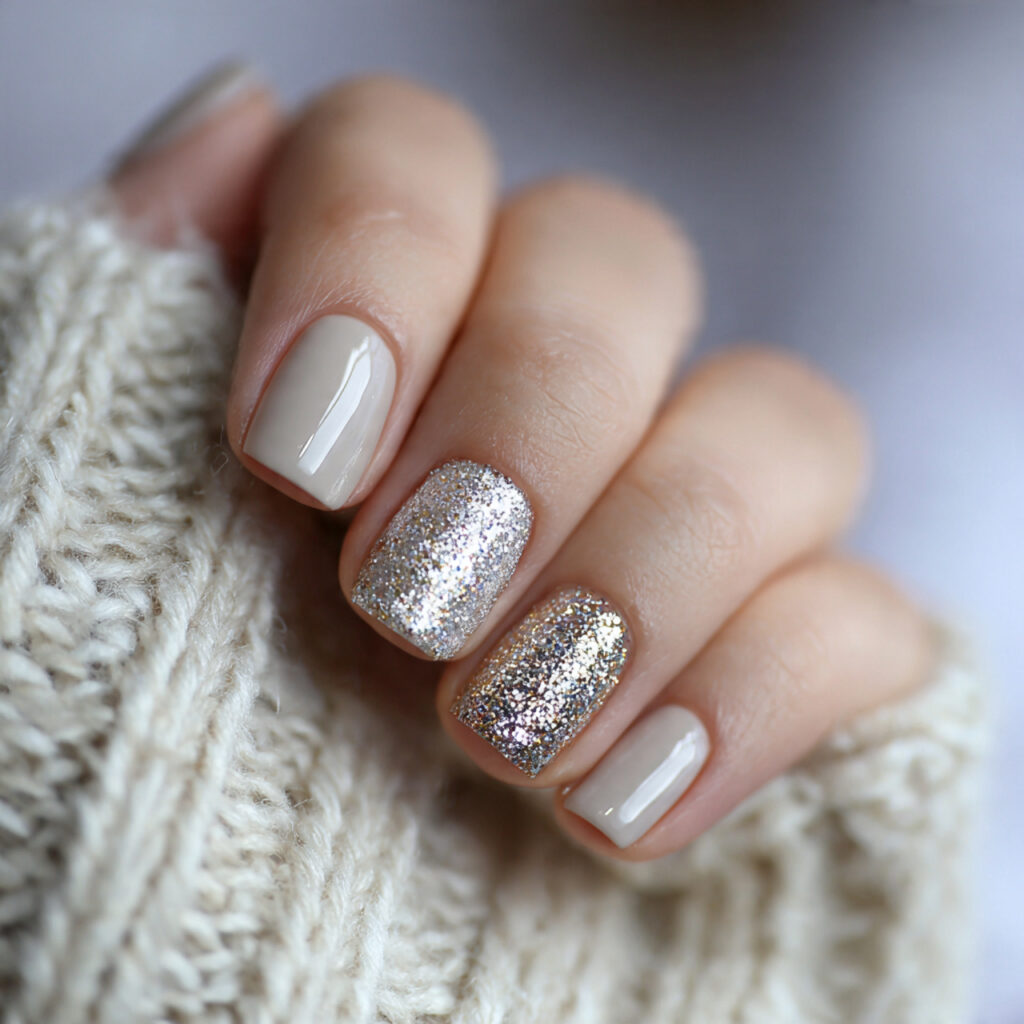 short square winter nails with glitter accents