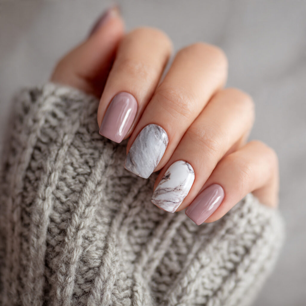 short square winter nails with marble effects
