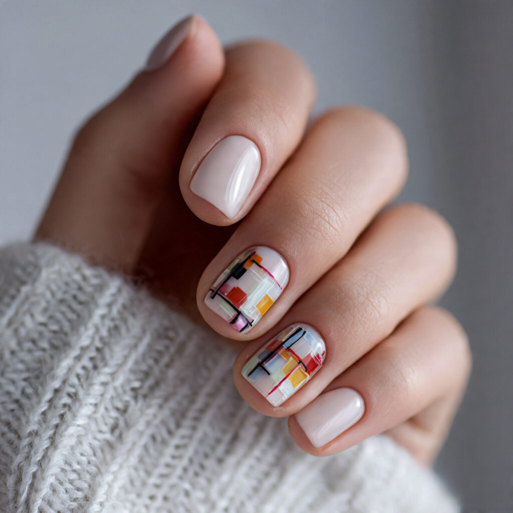 short square winter nails with modern art