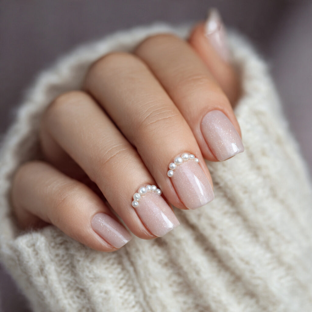 short square winter nails with pearls feel