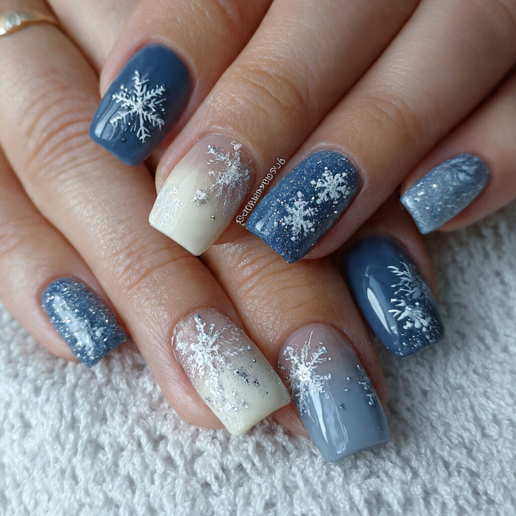 short square winter nails with snowflake accents