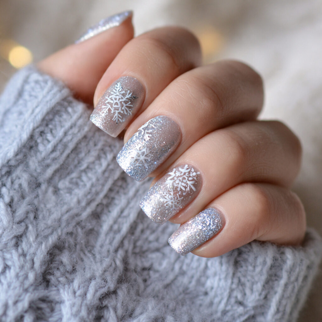 silver snowflake nails bring a soft winter