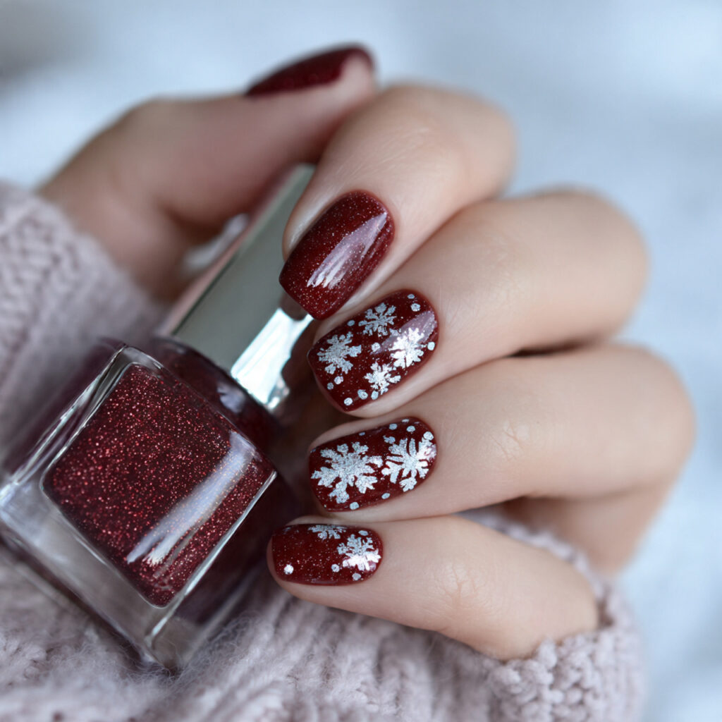 silver spark snowflake nails with dark red