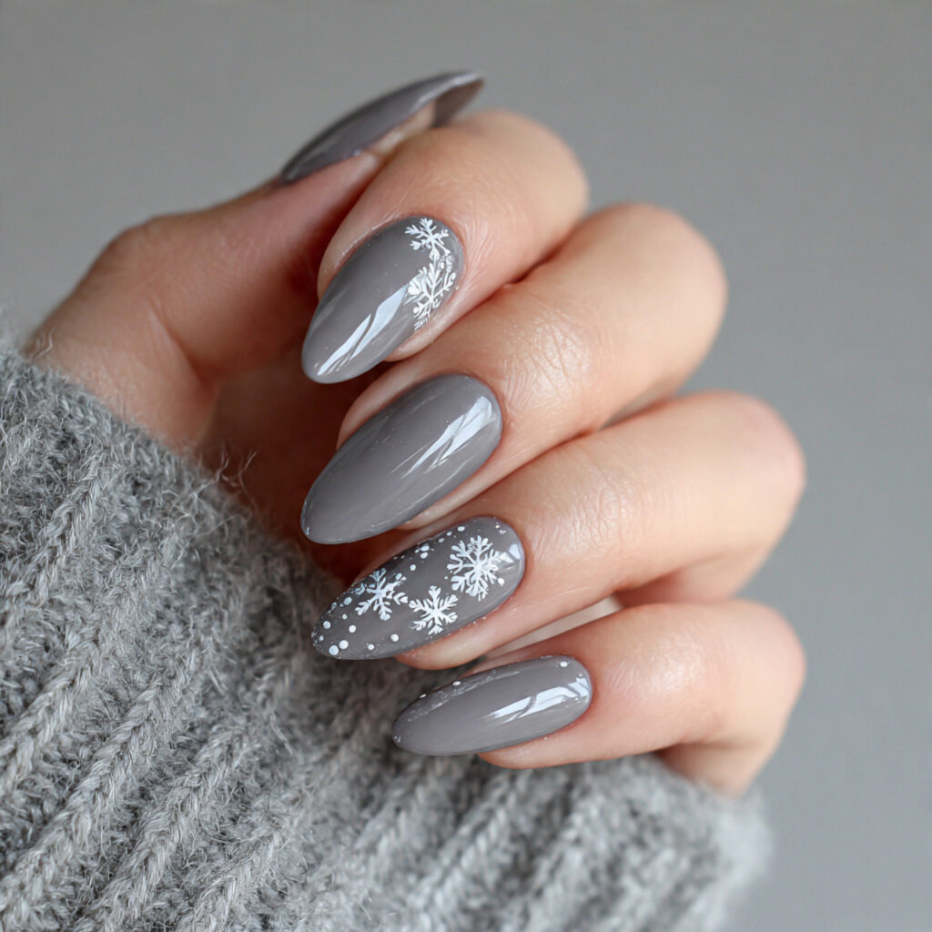 27 Gray Winter Nails That Feel Cozy, Chic, and Cool 8 sleek snowy accent gray almond nails feel