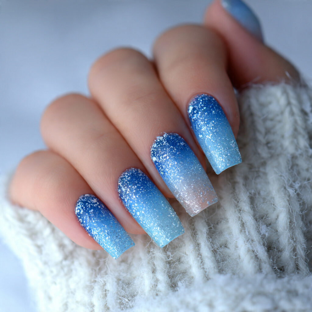 snowfall fade nails transition blue into translucent