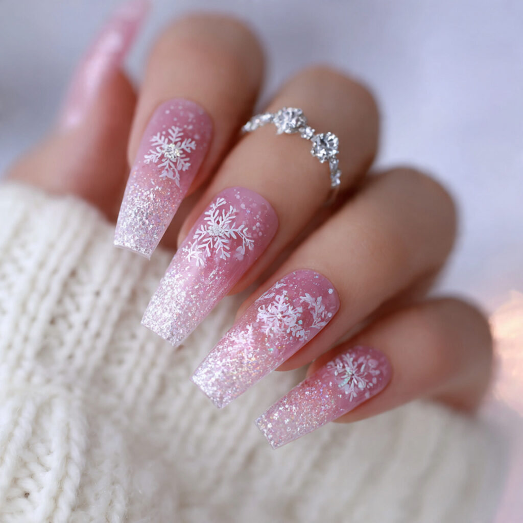 snowflake blush ombre coffin nails pin style