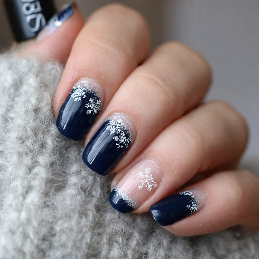27 Navy Blue Winter Nails That Feel Cozy, Bold, and Chic 13 snowflake french chic navy nails feel classy