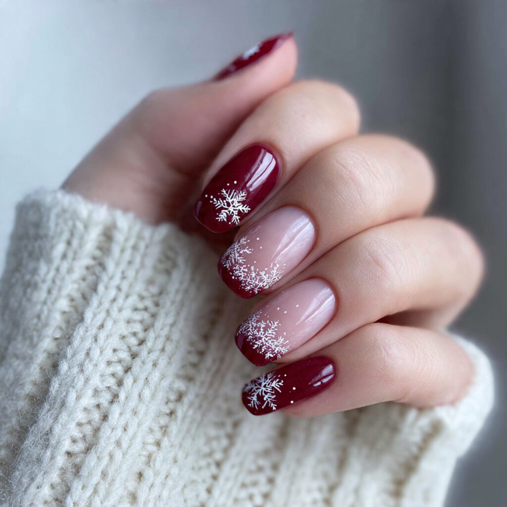 27 Burgundy Winter Nails That Feel Cozy, Rich, and Chic 15 snowflake french tip burgundy nails feel clean