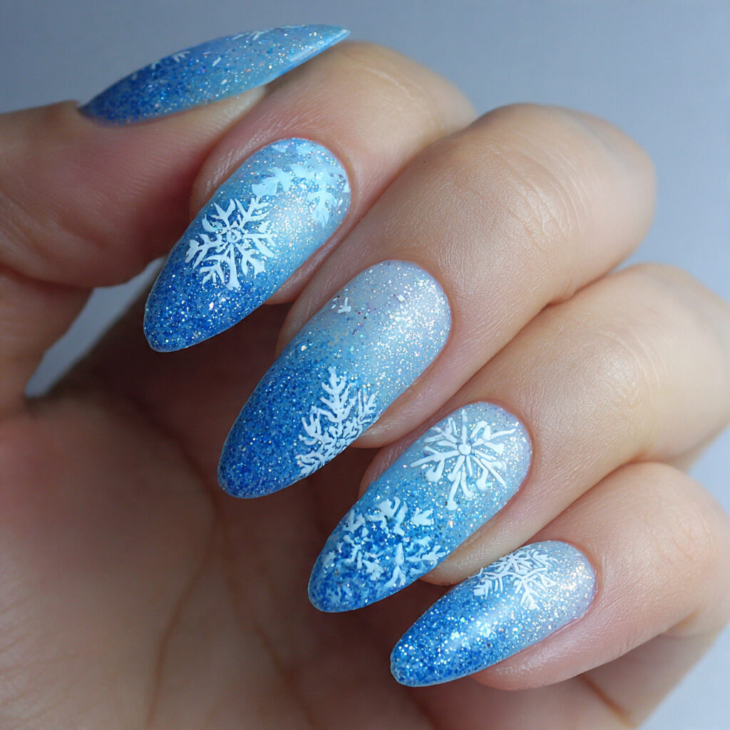 snowflake glitter fade nails blend icy blue