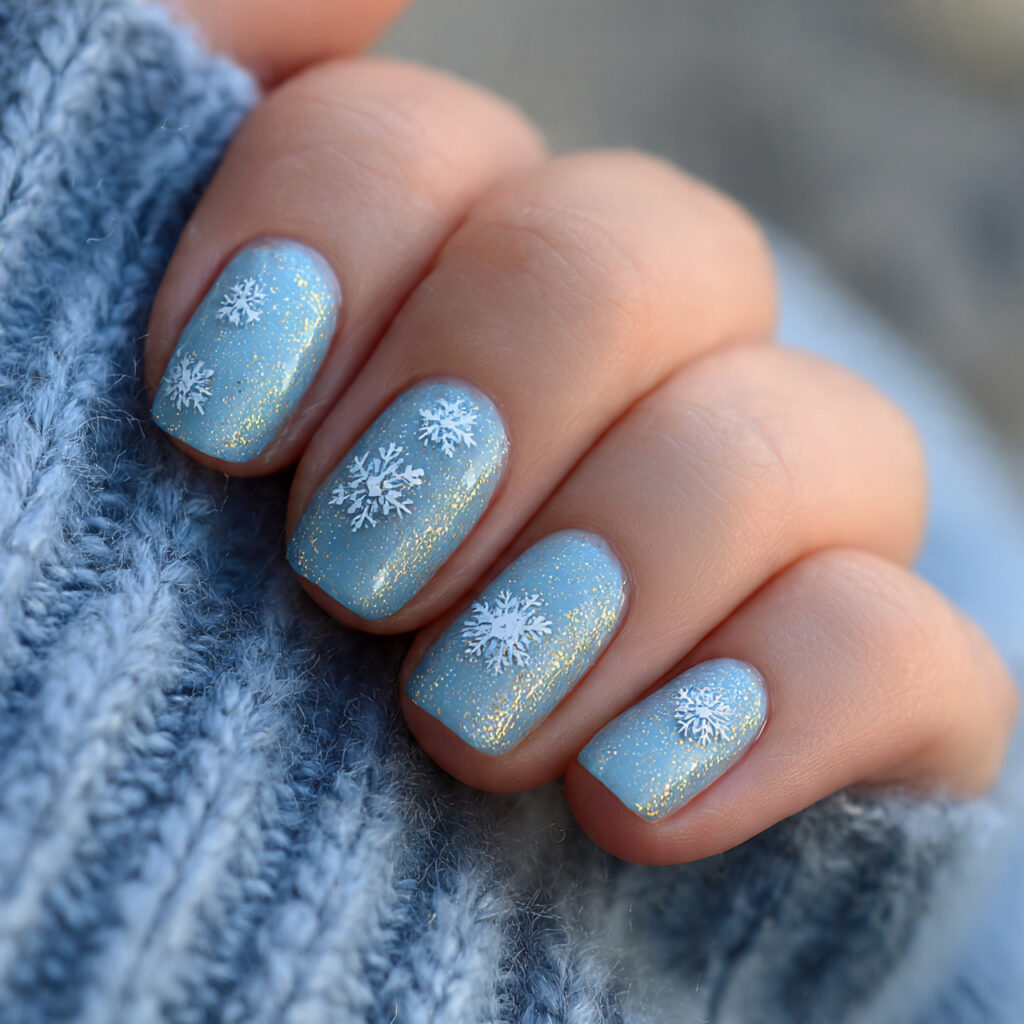 snowflake mist nails feature icy blue polish