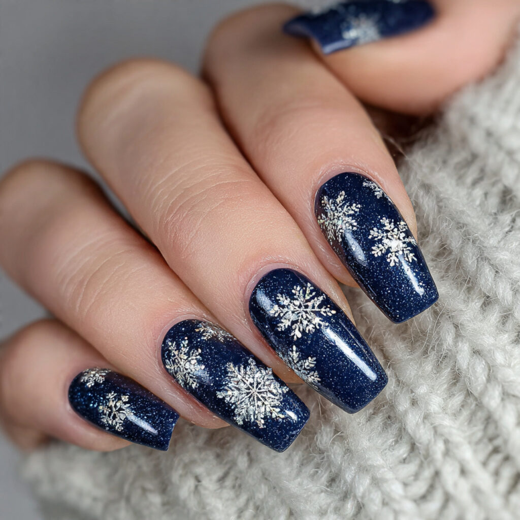 27 Navy Blue Winter Nails That Feel Cozy, Bold, and Chic 6 snowflake sparkle elegance navy nails feel classic