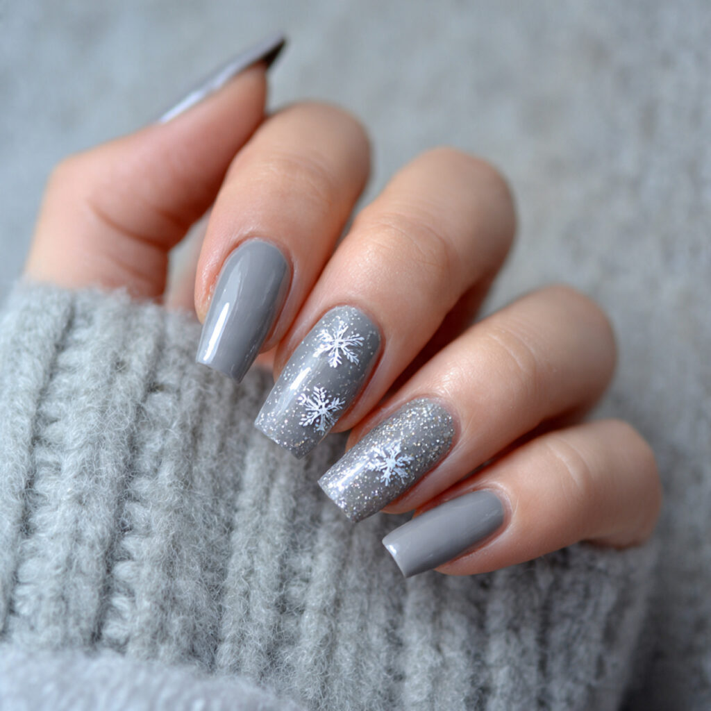 27 Gray Winter Nails That Feel Cozy, Chic, and Cool 26 snowflake sparkle square gray nails feel bold
