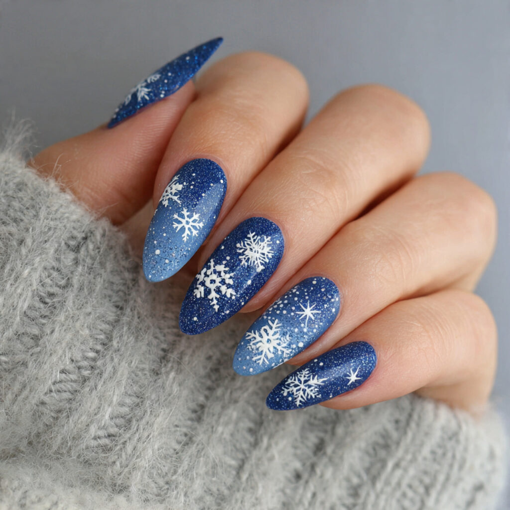 snowflake winter nails on almond shapes