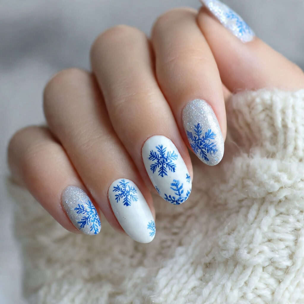 snowflake winter nails with a white base