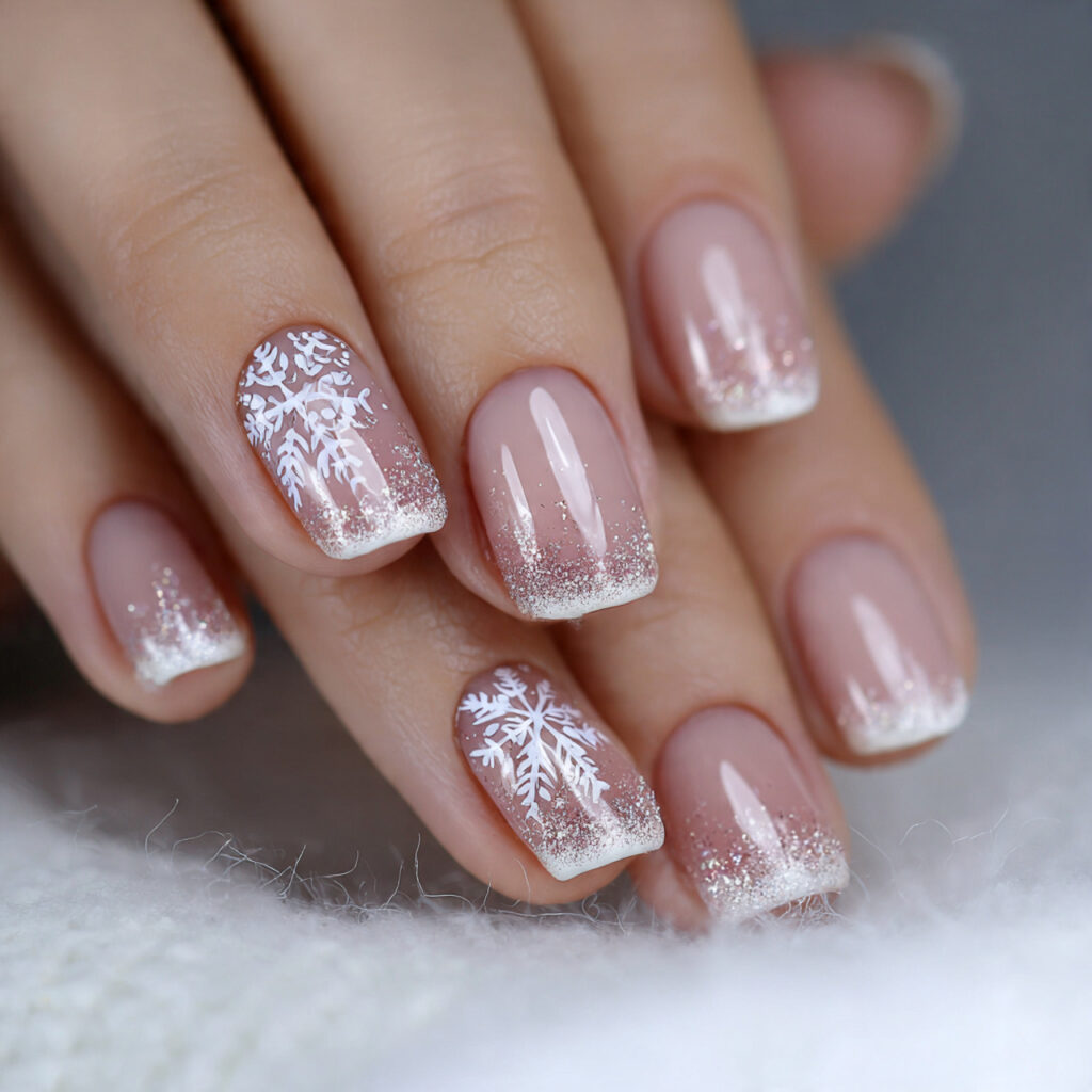 snowflake winter nails with glitter accents add