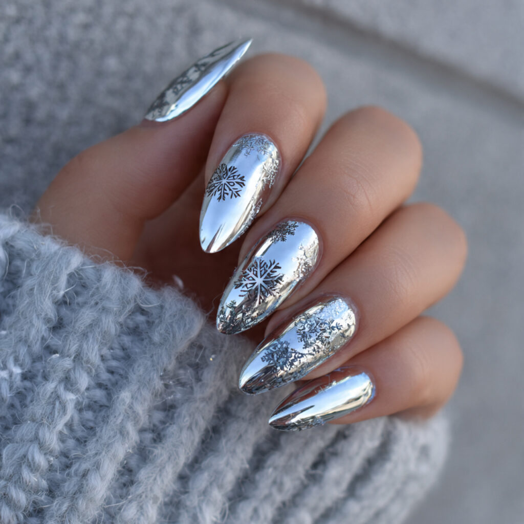 snowflake winter nails with icy chrome touches