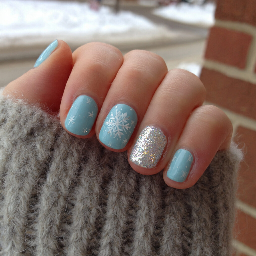 snowflake winter nails with one accent nail