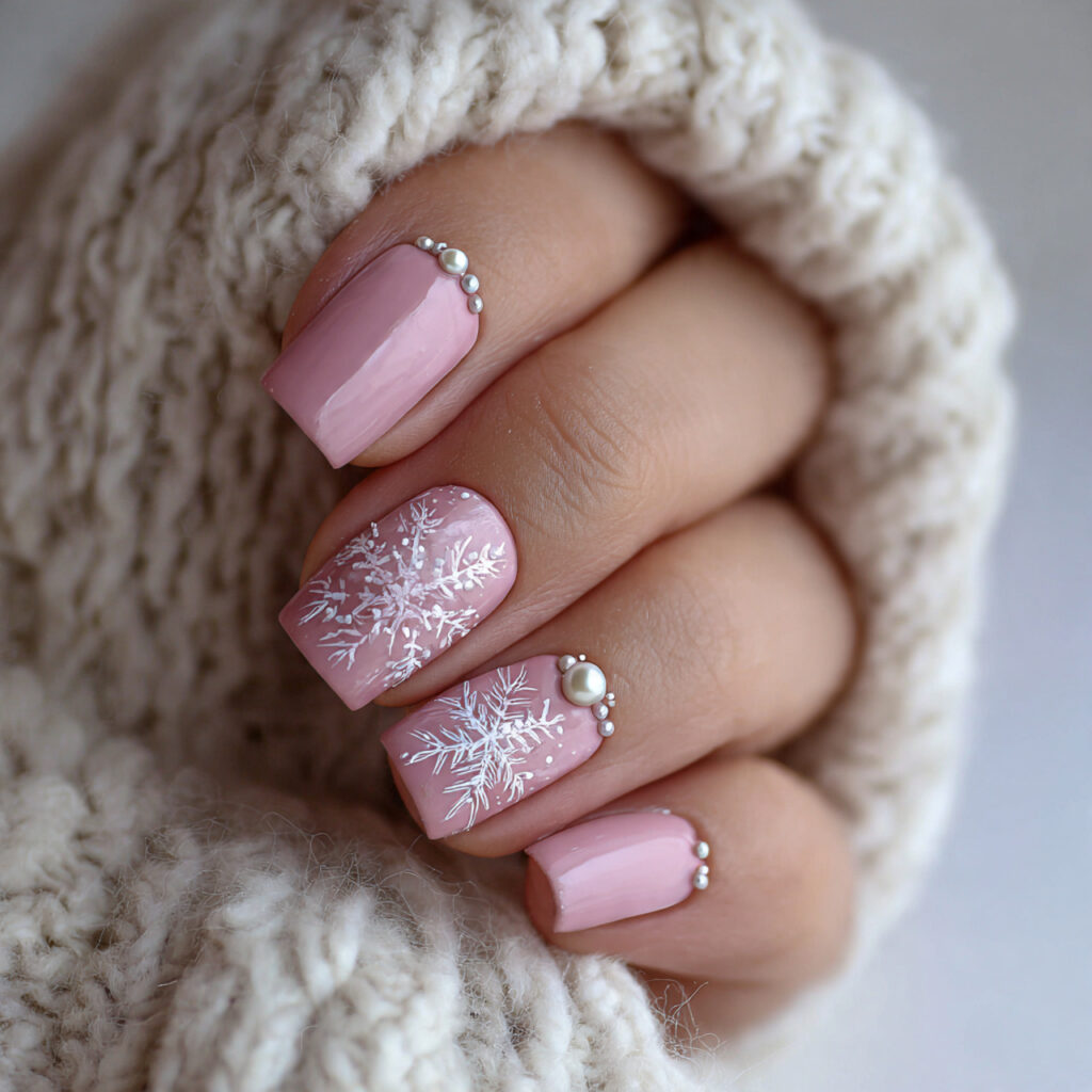 snowflake winter nails with pearl details feel