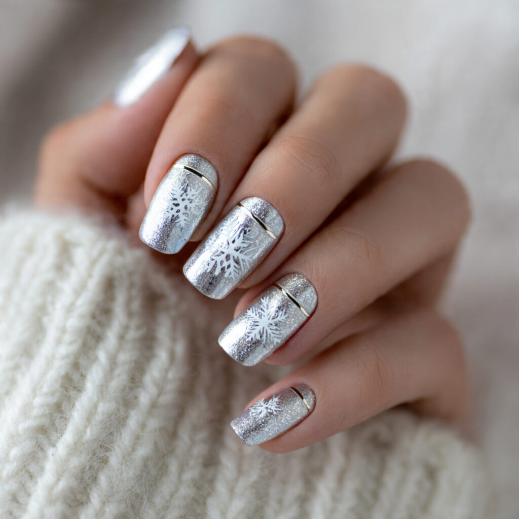 snowflake winter nails with silver details feel