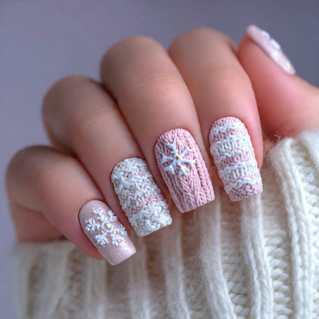 snowflake winter nails with sweater textures feel