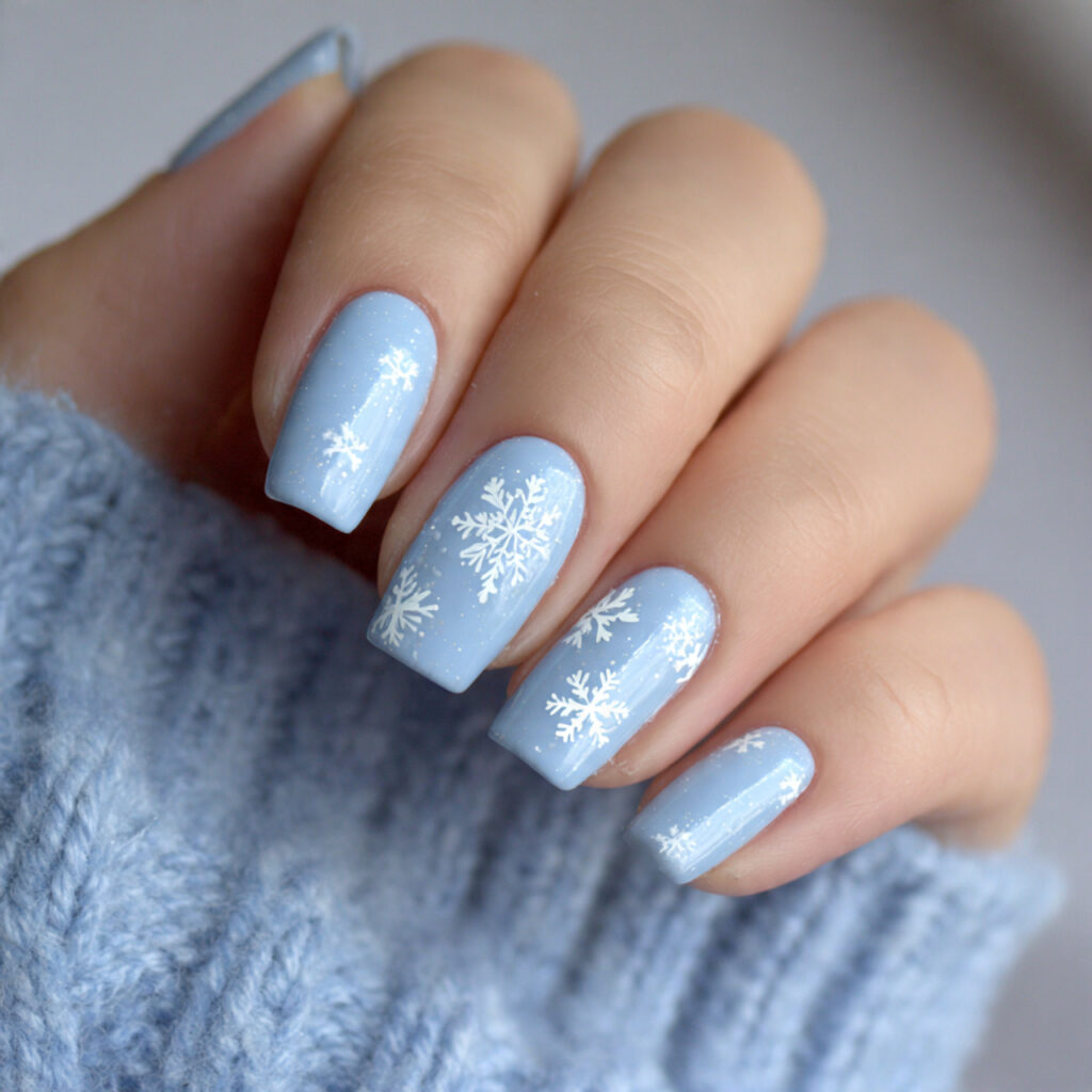 snowflakes floating gently across light blue winter