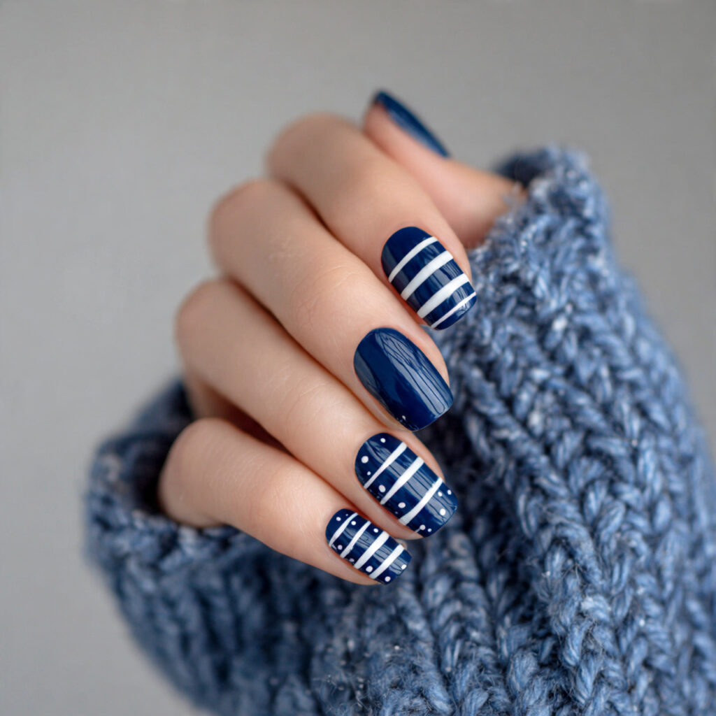 27 Navy Blue Winter Nails That Feel Cozy, Bold, and Chic 25 snowstorm stripe navy winter nails feel graphic