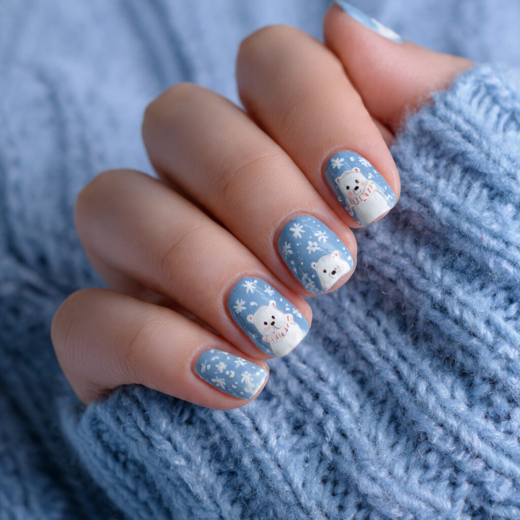 snowy bear charm nails feel cute and