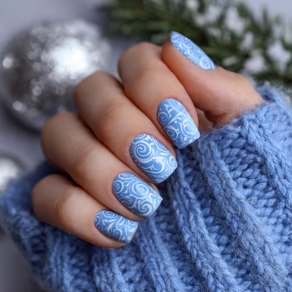 snowy blue short winter nails with white