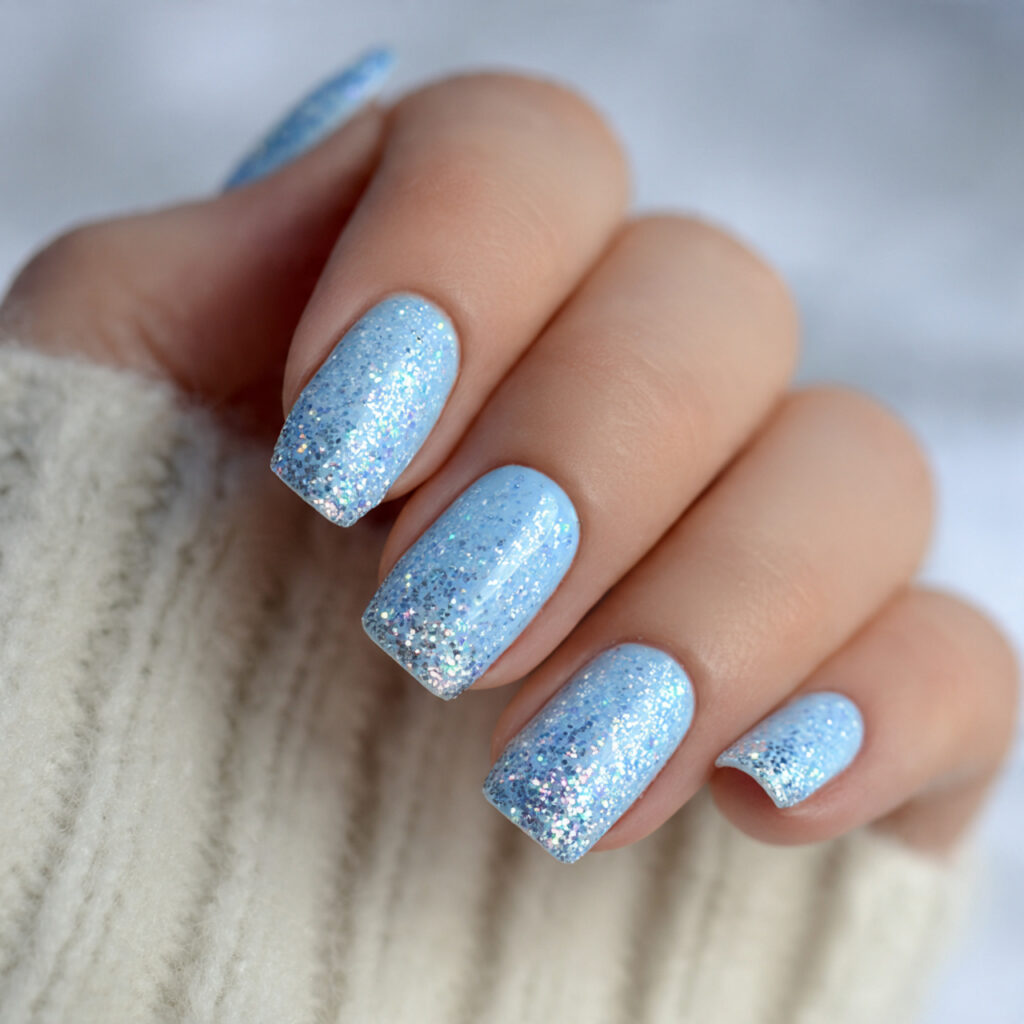 snowy blue spark winter glitter nails feel