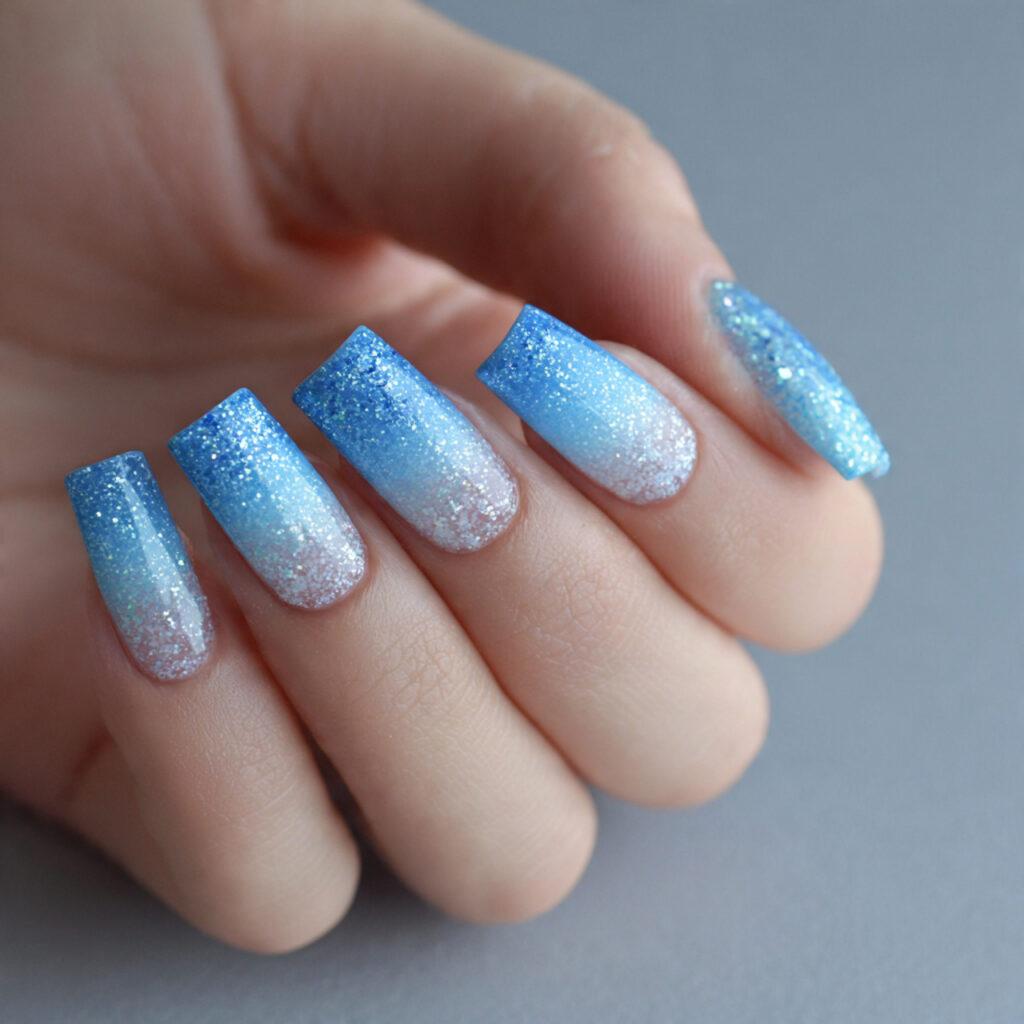 snowy blue sparkle tip ombre nails feel