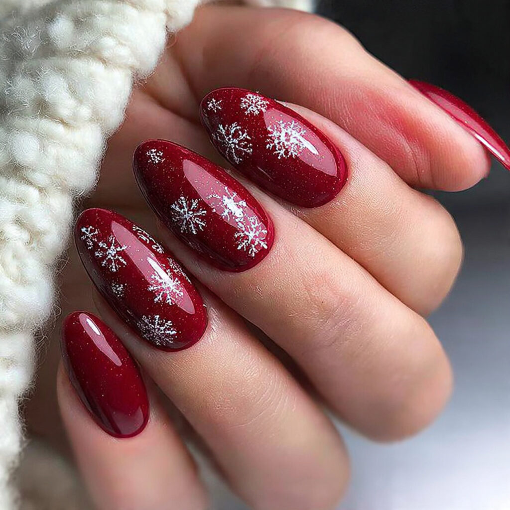 snowy crimson elegance nails feel bold and