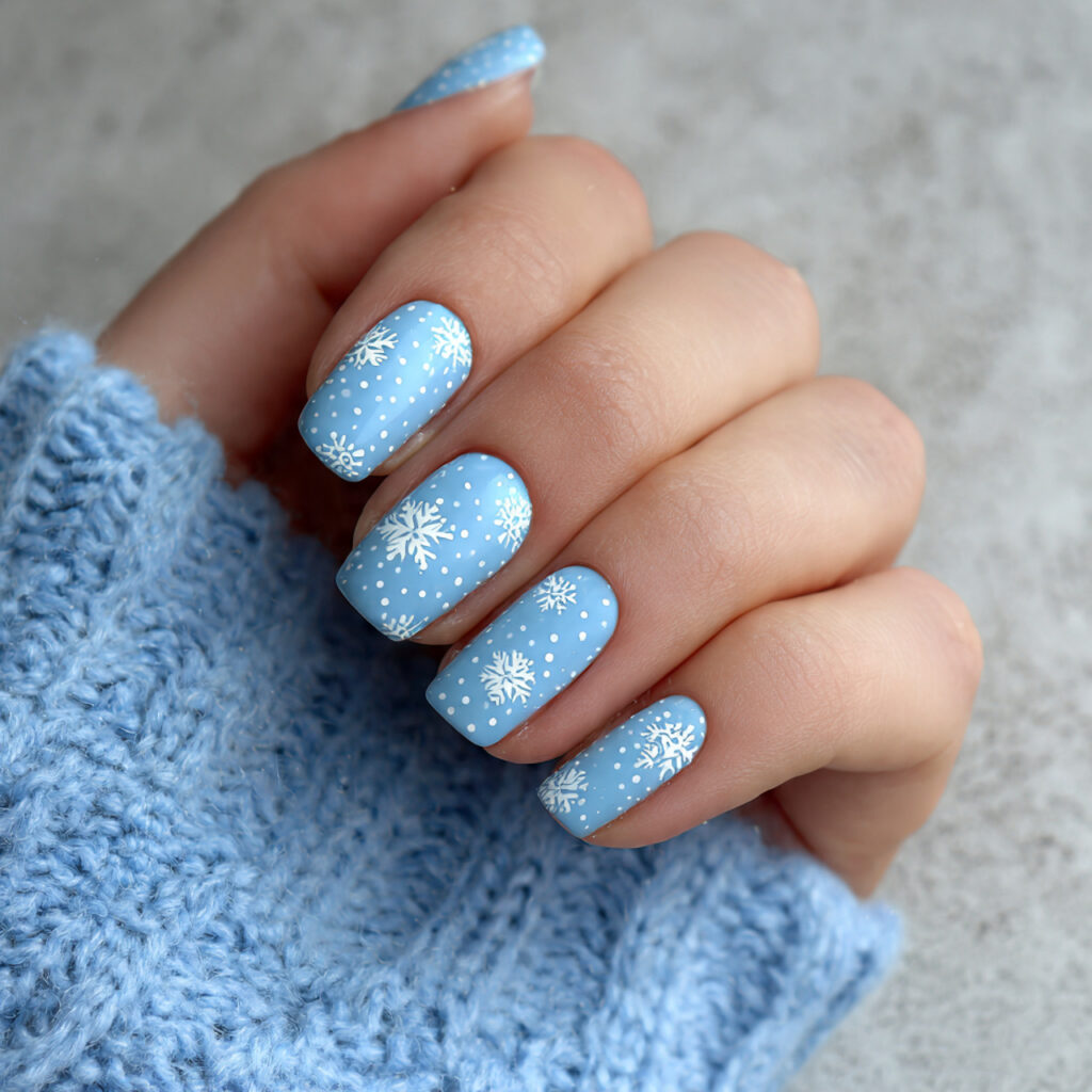 snowy dot and flake light blue nails