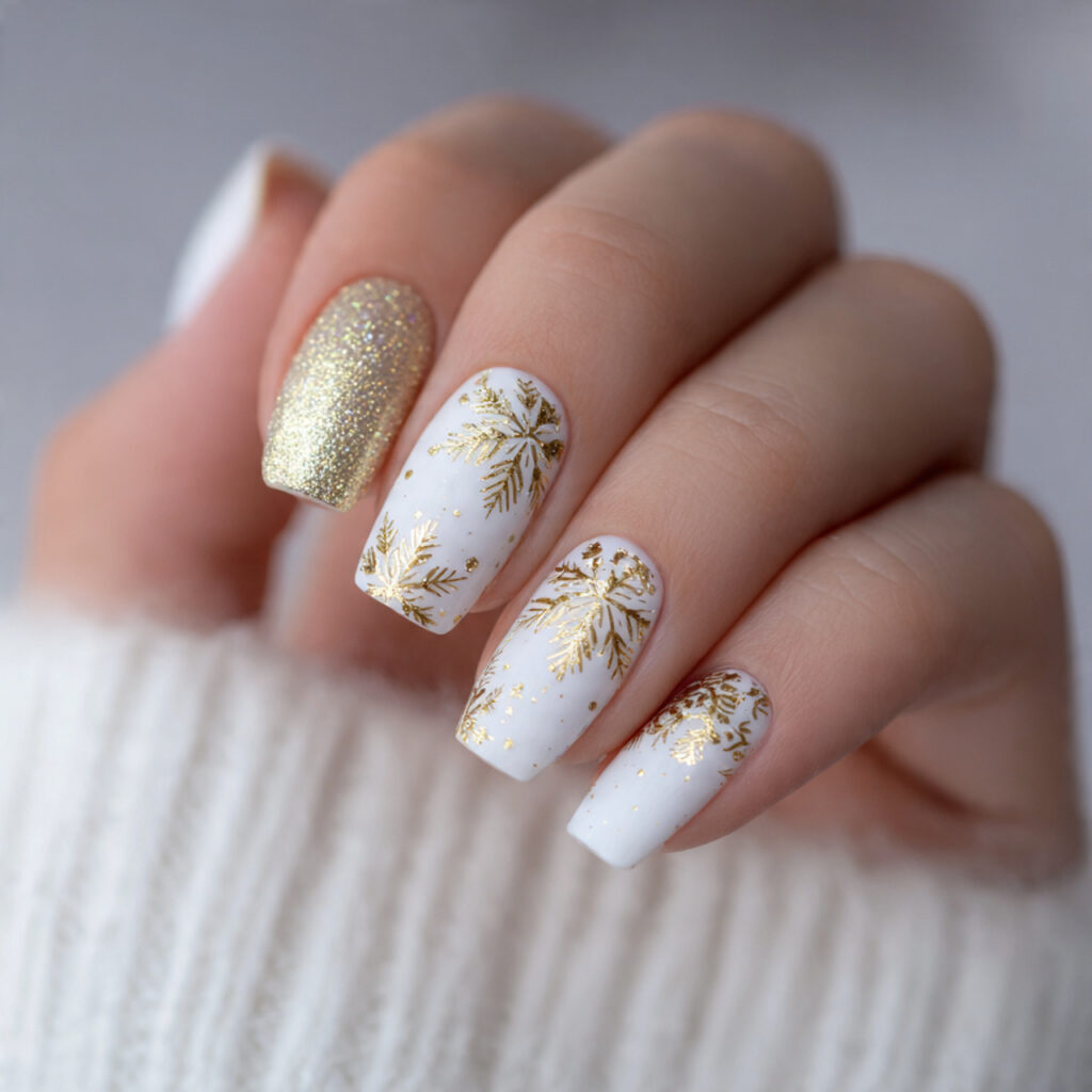 snowy gold poinsettia nails blend warmth and