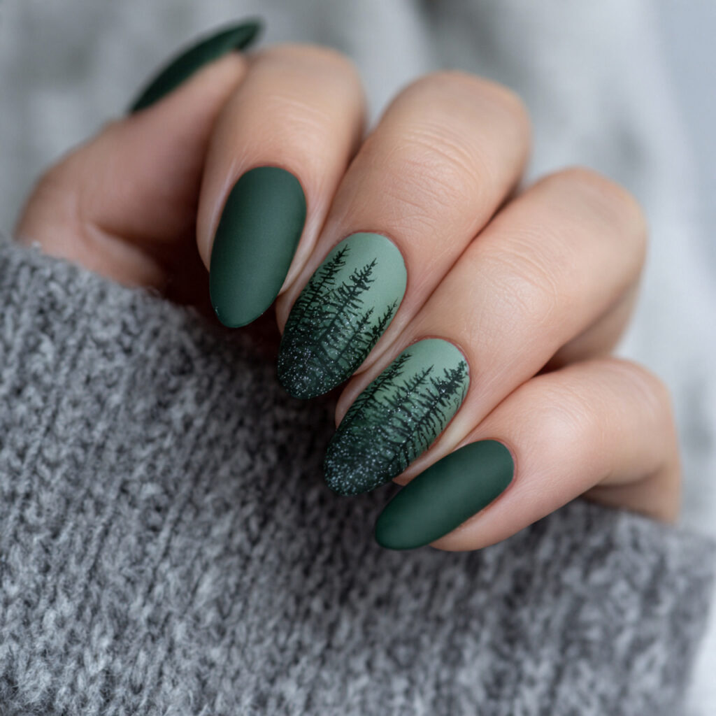 snowy pine forest matte green nails