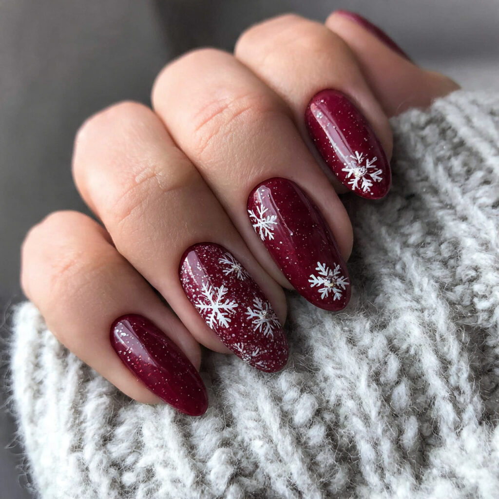 snowy red night winter nails feel dramatic