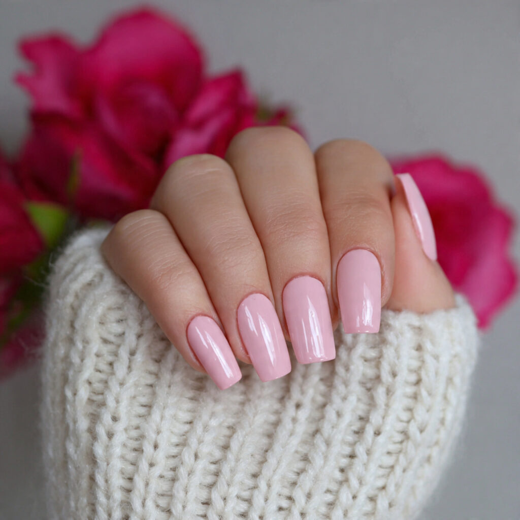 soft baby pink valentine nails with a