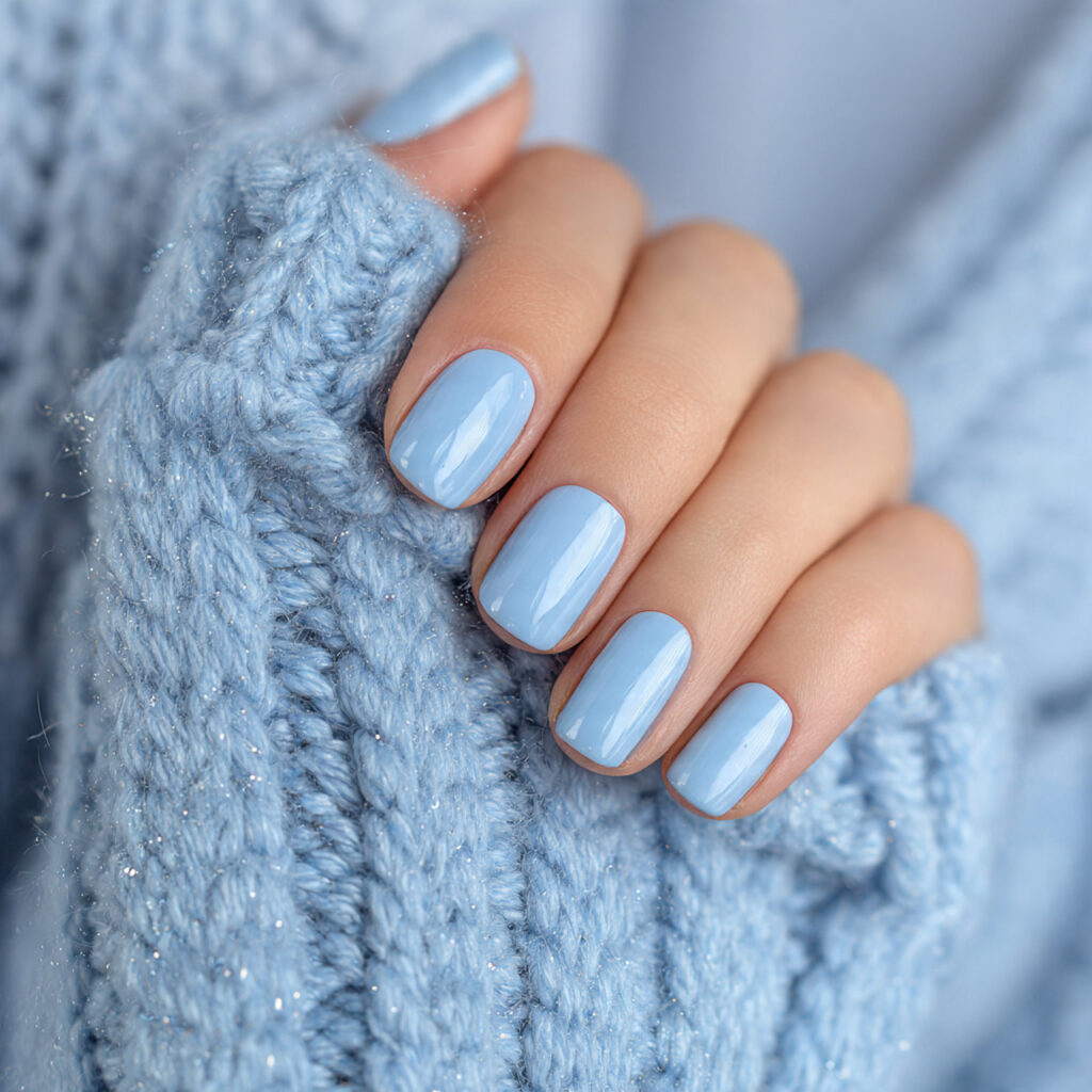 soft blue short square winter nails with
