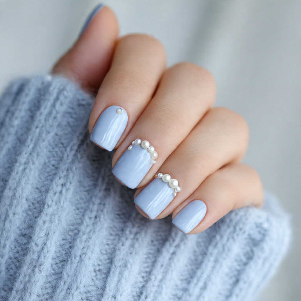 soft blue short winter nails with pearl