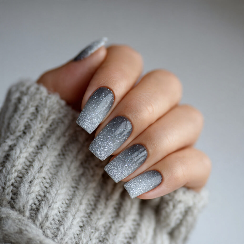 27 Gray Winter Nails That Feel Cozy, Chic, and Cool 11 soft frost gradients sparkle gray nails that