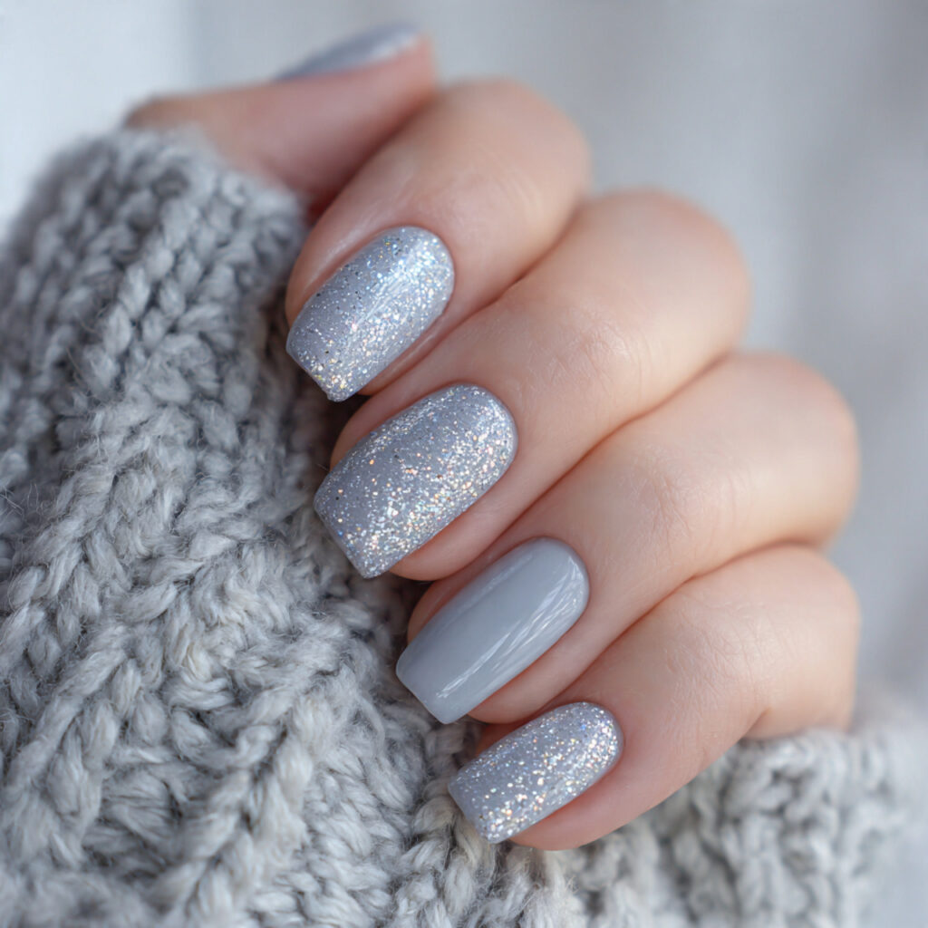 27 Gray Winter Nails That Feel Cozy, Chic, and Cool 3 soft frost sparkle gray winter nails feel