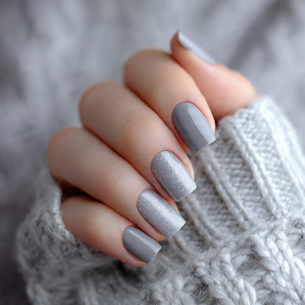 soft gray short square winter nails with