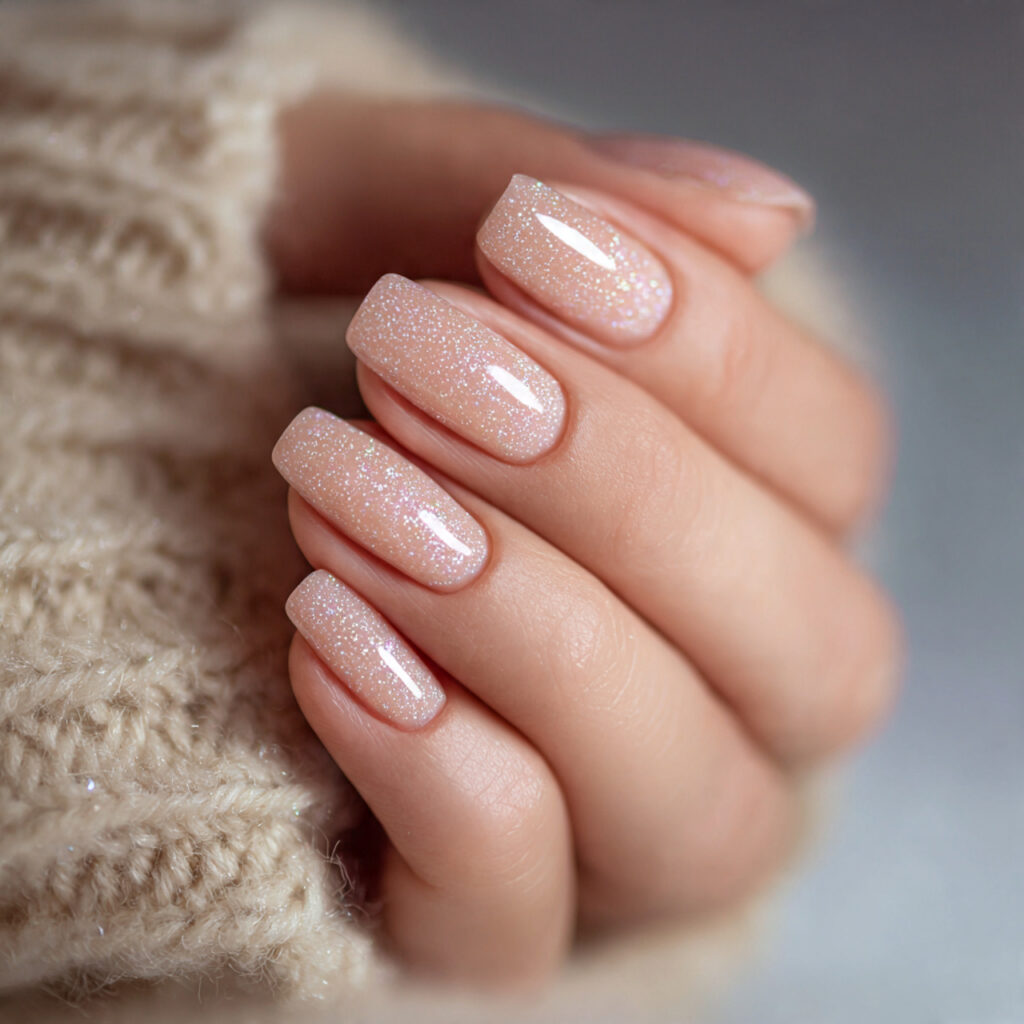 soft winter glow glitter nails focus on