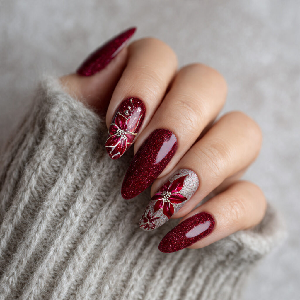 sparkling crimson poinsettia nails feel bold and