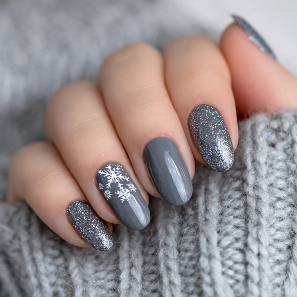 27 Gray Winter Nails That Feel Cozy, Chic, and Cool 23 sparkling gray snowfall winter nails feel festive